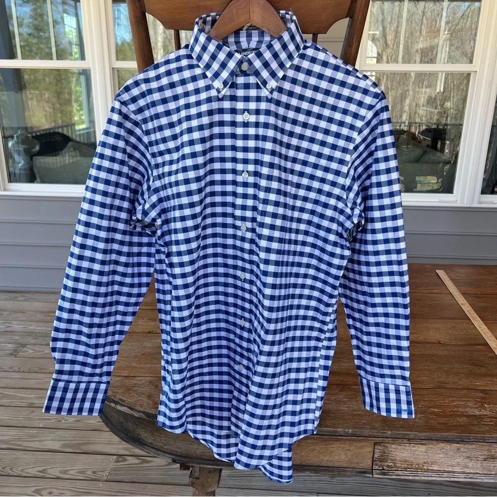 Lands’ End 15 1/2-32 Traditional Fit Navy Checked Button Long Sleeve Dress Shirt